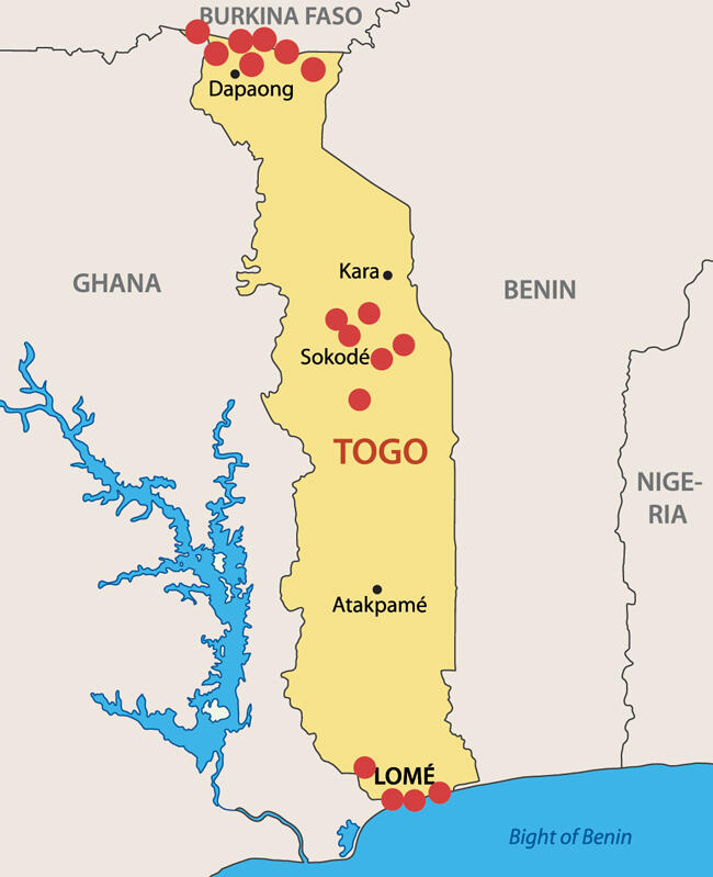 Grafik des Landes Togo mit Kennzeichnung der belieferten Gebiete